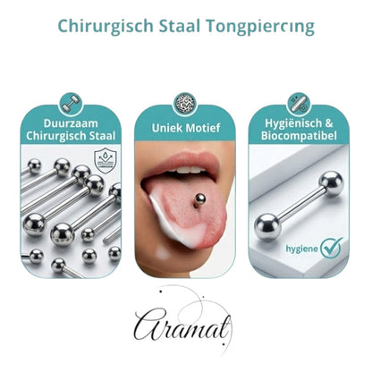 Aramat Jewels white and purple striped acrylic tongue piercing with steel bar. Safer for teeth than all-steel piercings.