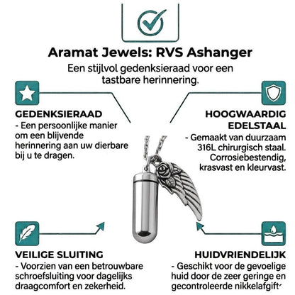 Aramat Jewels zilverkleurige ashanger met engelenvleugel van roestvrij staal, met schroefsluiting.