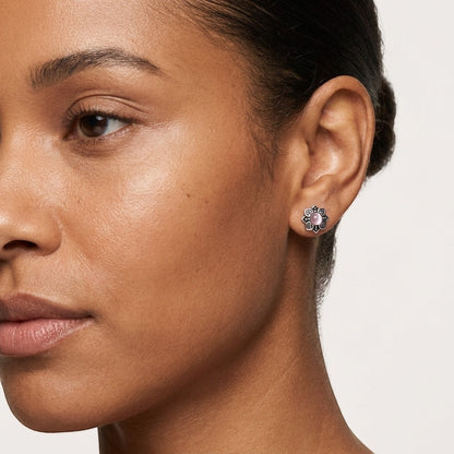 Aramat Jewels zilveren bloem oorknopjes met roze cat eye steen, 7mm