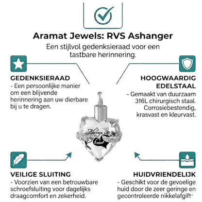Aramat Jewels zilverkleurige hartvormige crematiehanger van 316L staal met zirkonia en tekst 'Always in my heart'.