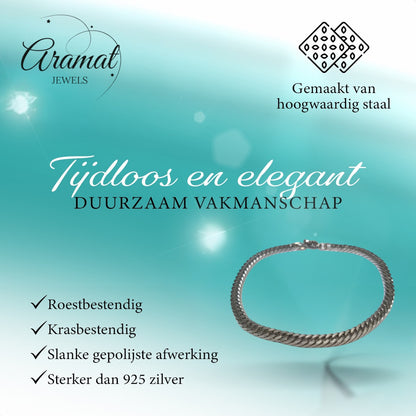 Aramat Jewels zilverkleurige afgevlakte gourmet armband van staal, 21cm lang en 4mm breed.
