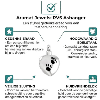 Aramat Jewels zilverkleurige hartvormige ashanger met pootafdrukken, gemaakt van roestvrij staal.
