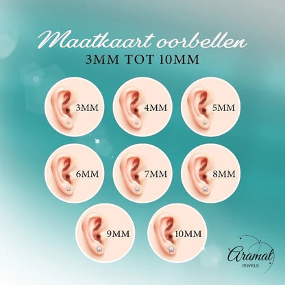 Aramat Jewels 925 zilveren kinderoorbellen met rode glitter bloem 8mm. Maatkaart met verschillende oorbelmaten.