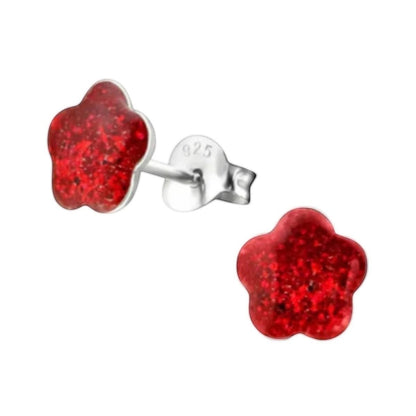 Aramat Jewels 925 zilveren kinderoorbellen met rode glitter bloem 8mm