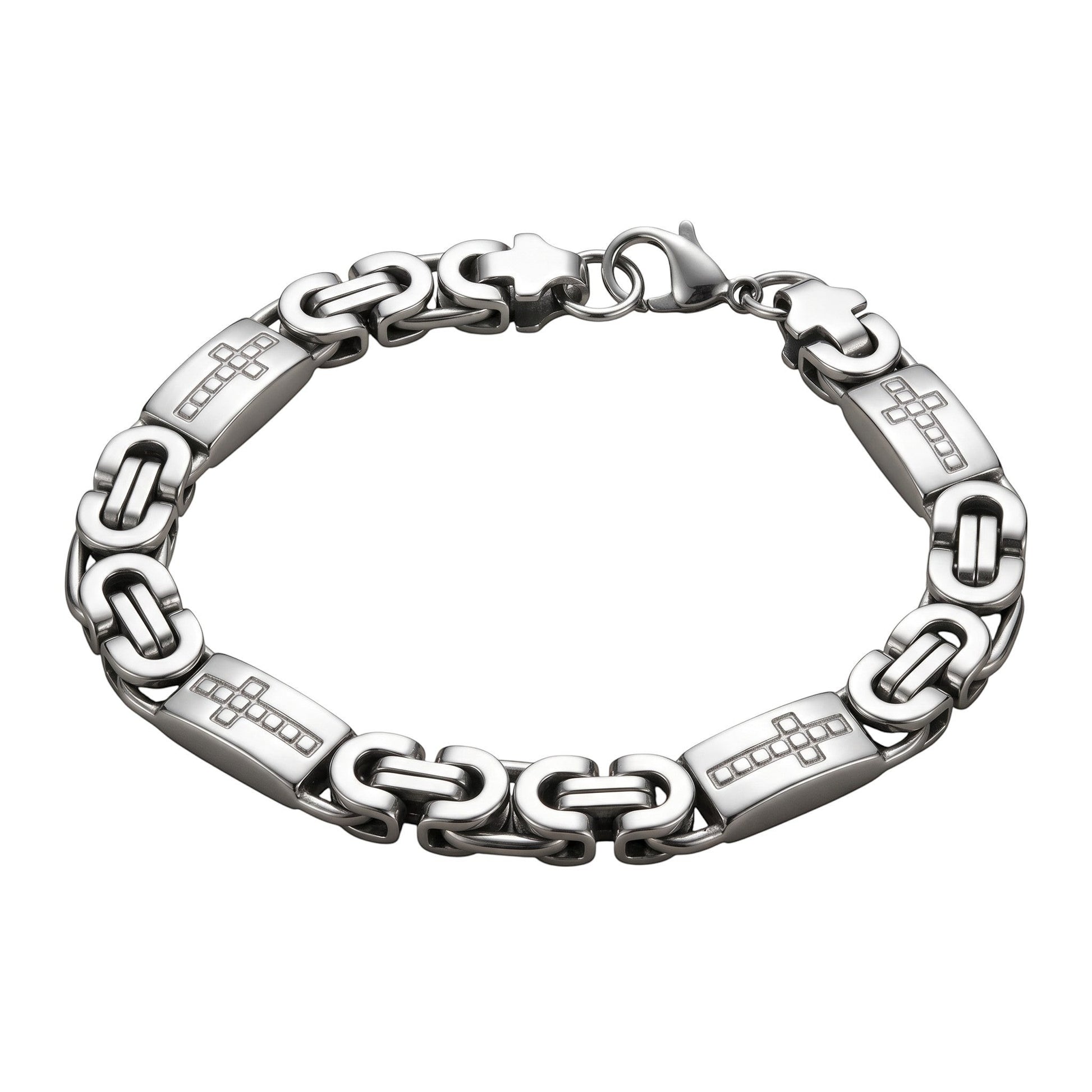 Aramat Jewels zilverkleurige koningsschakel armband van staal met kruisjes, 9mm breed en 21cm lang.