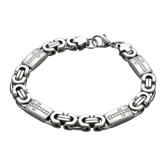 Aramat Jewels zilverkleurige koningsschakel armband van staal met kruisjes, 9mm breed en 21cm lang.
