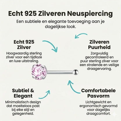 Aramat Jewels neuspiercing van 925 zilver met een roze zirkonia steen, gepresenteerd met productkenmerken in een infographic