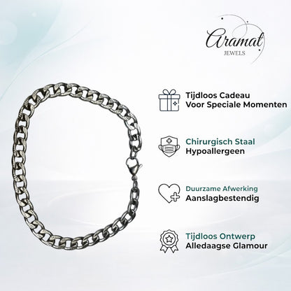 Aramat Jewels zilverkleurige gourmet schakelarmband van roestvrij staal, 6,5mm breed en 21cm lang.
