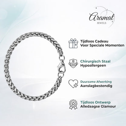 Aramat Jewels zilverkleurige roestvrijstalen vossenstaart armband voor heren en dames, 20cm lang, 5mm breed.