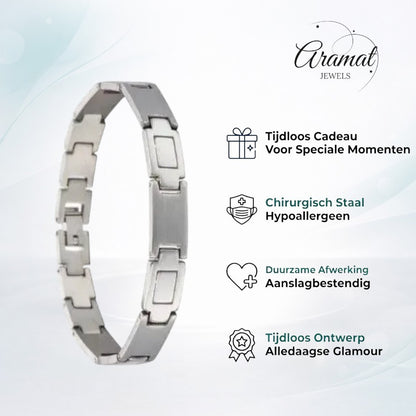 Aramat Jewels zilverkleurige edelstalen armband met rechthoekige schakels en kliksluiting, 21 cm lang.