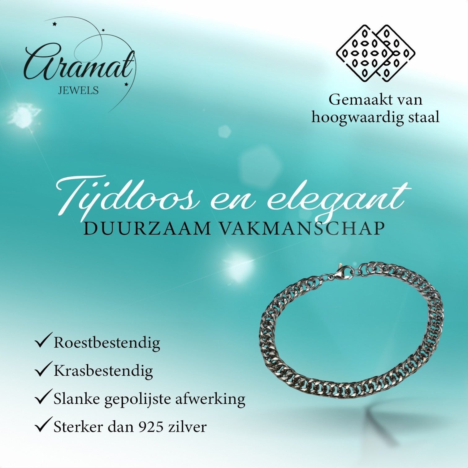 Aramat Jewels zilverkleurige stalen gourmet schakelarmband van 21cm lang en 7mm breed