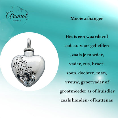 Aramat Jewels zilverkleurige stalen ashanger in hartvorm met zirkonia pootjes en schroefsluiting.