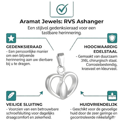Aramat Jewels zilverkleurige stalen ashanger in hartvorm, gemaakt van roestvrij staal.