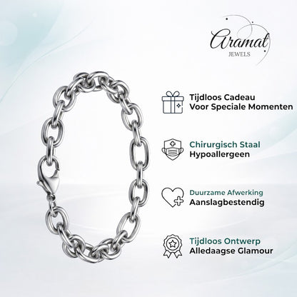 Aramat Jewels zilverkleurige stalen fantasie schakelarmband 22cm lang en 10mm breed met karabijnsluiting.