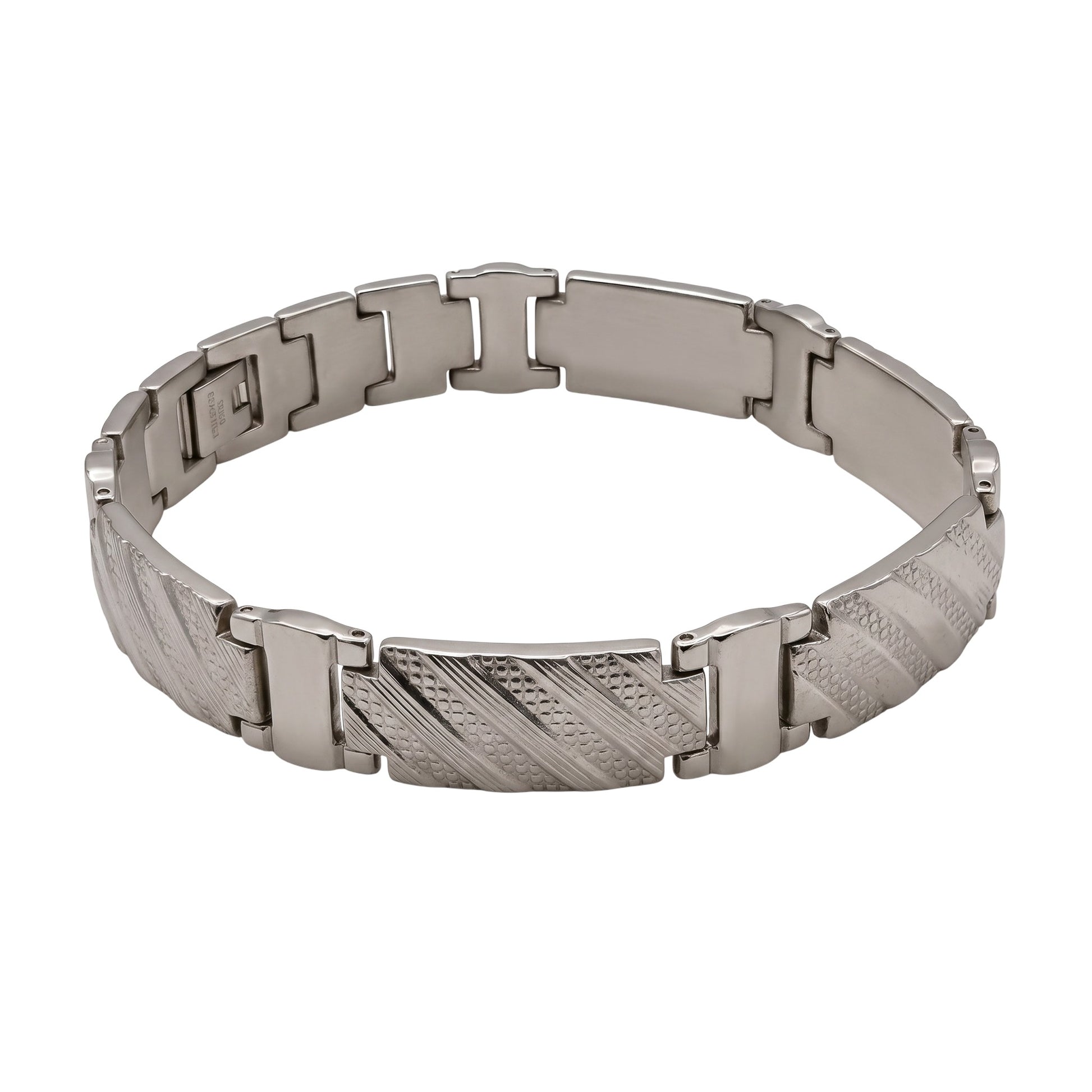 Aramat Jewels zilverkleurige stalen schakelarmband voor heren, 22cm lang en 13mm breed, met fantasiepatroon.