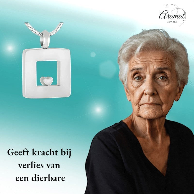 Aramat Jewels zilverkleurige vierkante ashanger met hartje, 26x19mm, RVS, waterbestendig
