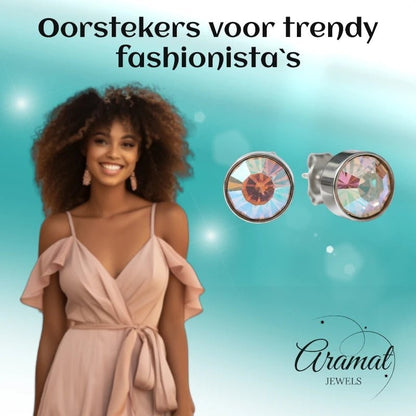 Aramat Jewels zilverkleurige oorstekers met 8mm AB transparant kristal, uniseks