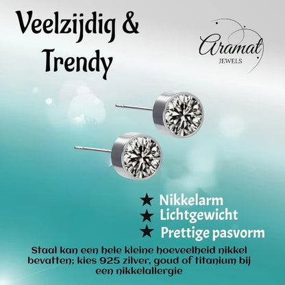 Aramat Jewels zilverkleurige oorstekers met 6mm grijs kristal, gemaakt van roestvrij staal. Nikkelarm en lichtgewicht.
