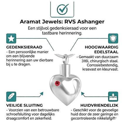 Aramat Jewels zilverkleurige stalen ashanger in hartvorm met rode zirkonia, waterbestendig.