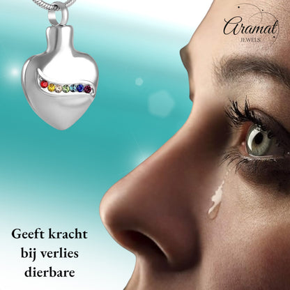 Aramat Jewels zilverkleurige stalen hartvormige ashanger met regenboogkleurige zirkonia's, 32mm.