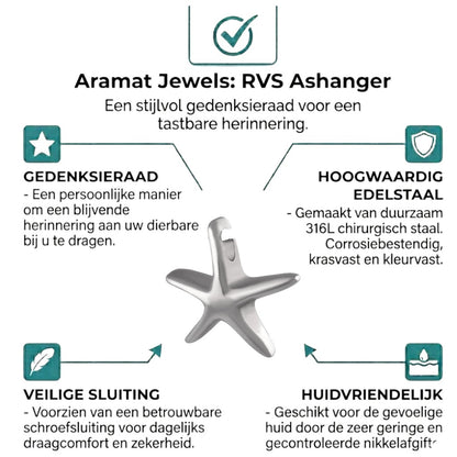 Aramat Jewels zilverkleurige zeester ashanger van roestvrij staal met schroefsluiting. Symbool voor de zee en vrijheid.