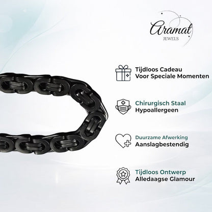 Stoere zwarte koningsschakel armband van Aramat Jewels, gemaakt van staal met een breedte van 12 mm.