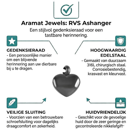 Aramat Jewels® zwarte hartvormige asbedel van 17mm roestvrij staal met schroefsluiting