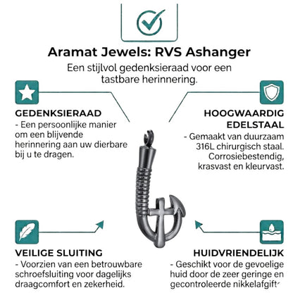 Aramat Jewels zwarte stalen ashanger in de vorm van een vishaak met kruisje, waterbestendig