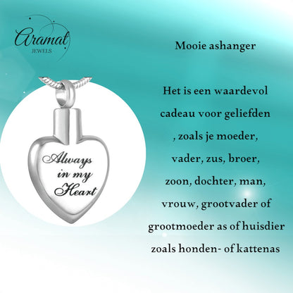 Ashanger hart Always in my heart – zilverkleur - Aramat Jewels - Gedenkhangers - cadeautip