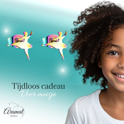 Ballerina Oorstekers RVS – Multikleur 11mm - Aramat Jewels - Oorbellen - cadeautip