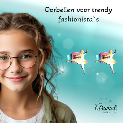 Ballerina Oorstekers RVS – Multikleur 11mm - Aramat Jewels - Oorbellen - cadeautip