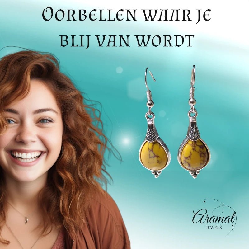 Boho Druppel Oorhangers – Gele Steen – 52x15mm - oor6032 - Oorhangers kopen# - 50mm - alles - bali