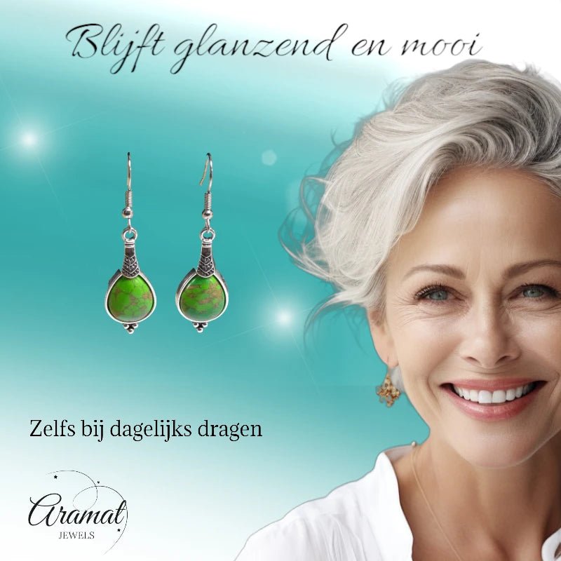 Boho Druppel Oorhangers – Groen Gemarmerde Steen – 52x15mm - oor6035 - Oorhangers kopen# - 50mm - alles - bali