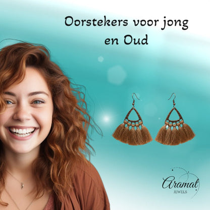 Bruine bohemian oorhangers met kwastjes, bronskleurige afwerking, 55x30mm, handgemaakte statement oorbellen