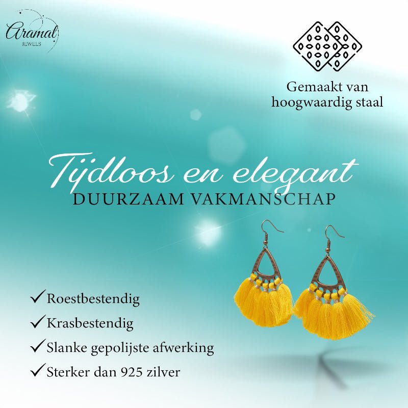 Boho Oorhangers met Kwastjes Geel 55x30mm - Aramat Jewels - Oorbellen - cadeautip