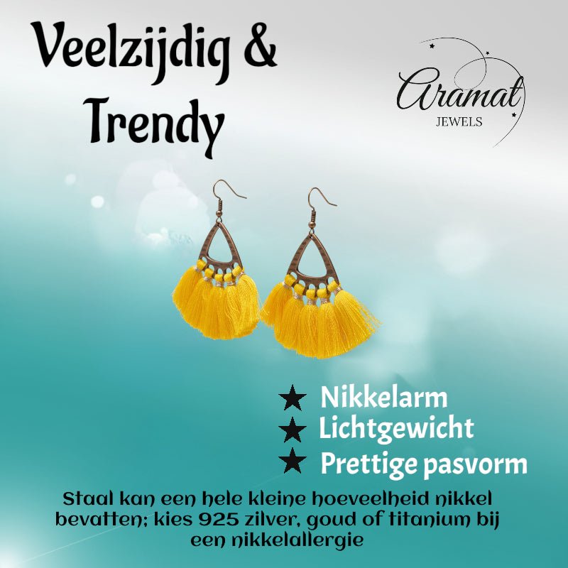 Boho Oorhangers met Kwastjes Geel 55x30mm - Aramat Jewels - Oorbellen - cadeautip