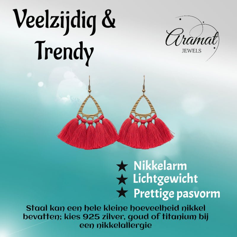 Boho Oorhangers met Kwastjes – Rood 55x30mm - Aramat Jewels - Oorbellen - cadeautip
