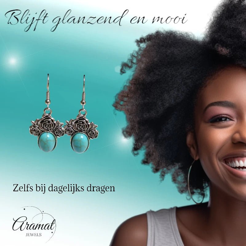 Boho Oorhangers met Lichtblauwe Steen – Rozen detail 48x21mm - oor6055 - Oorhangers kopen# - 50mm - alles - bali