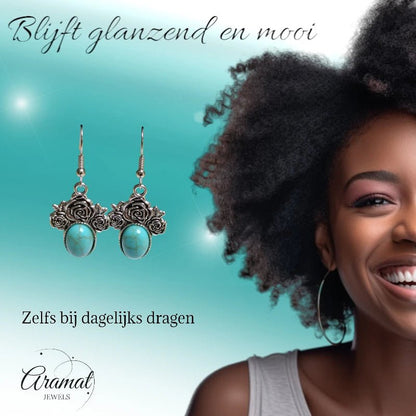 Boho Oorhangers met Lichtblauwe Steen – Rozen detail 48x21mm - oor6055 - Oorhangers kopen# - 50mm - alles - bali