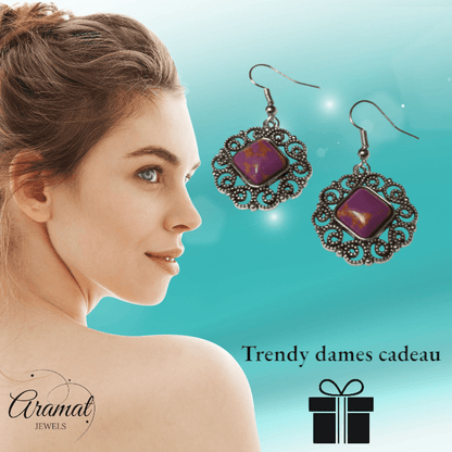 Boho Oorhangers met Paarse Gemarmerde Steen - oor6026 - Oorhangers kopen# - 45mm - alles - bali