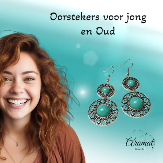 Boho Oorhangers Turquoise Steen 62mm - Aramat Jewels - Oorhangers - cadeautip