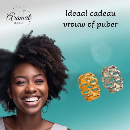 Brede One Size Schakelring van RVS - Goudkleurig of Zilver (9 mm) - Aramat Jewels - Ringen - cadeautip