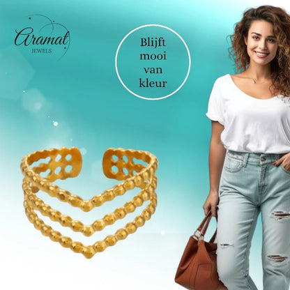 Brede Stalen verstelbare ring - V shape met bolletjes motief - ring231 - Ringen kopen# - Goudkleur - alles - bolletjes