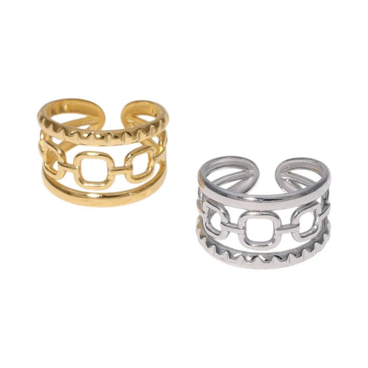 Damesring Verstelbaar – Open Ring met Gladde, Schakel & Bewerkte Lijn – One Size - Aramat Jewels - Ringen - cadeautip