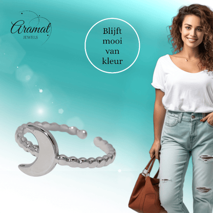 Damesring Verstelbaar – Open Ring met Maantje & Dots – One Size - ring319 - 30348 - Ringen kopen# - Zilverkleur - alles - cadeau