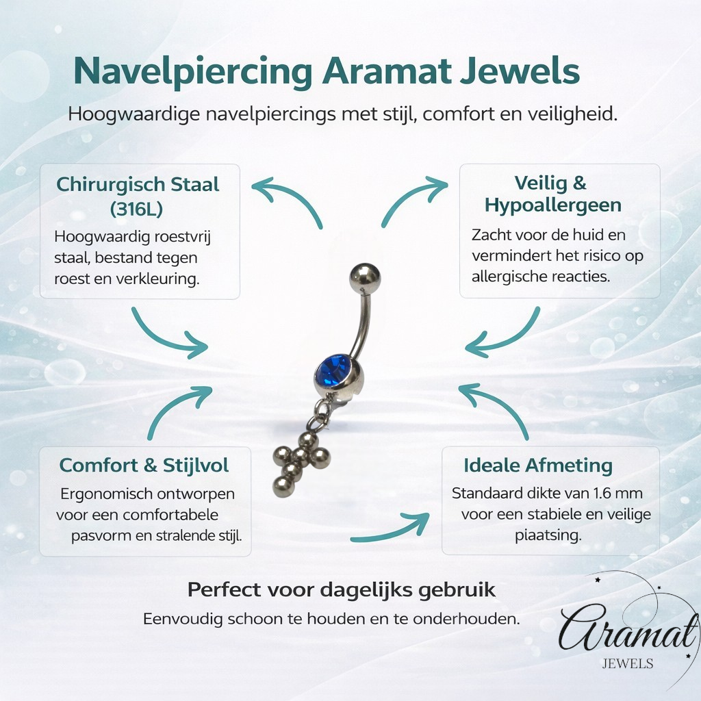 Diepblauw Stalen Navelpiercing met kruisje