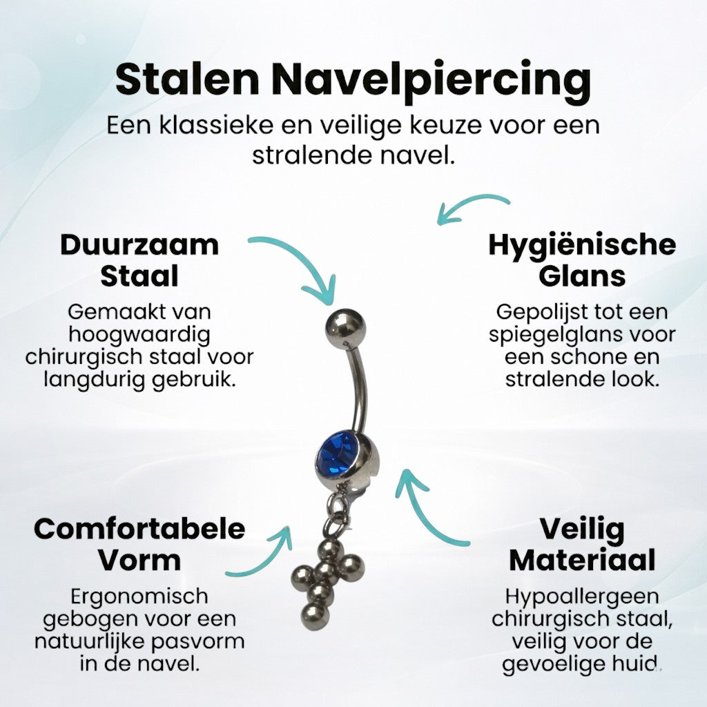 Diepblauw Stalen Navelpiercing met kruisje