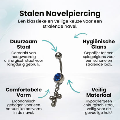 Diepblauw Stalen Navelpiercing met kruisje