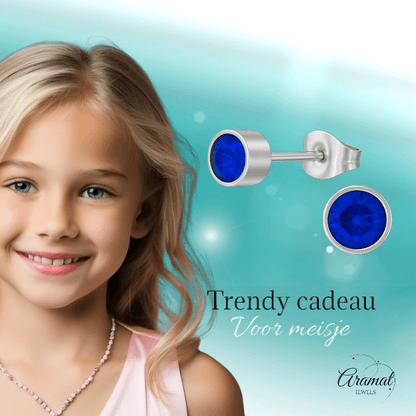 Donkerblauwe kristal oorstekers – 5mm zilver RVS - Aramat Jewels - Oorbellen - cadeautip