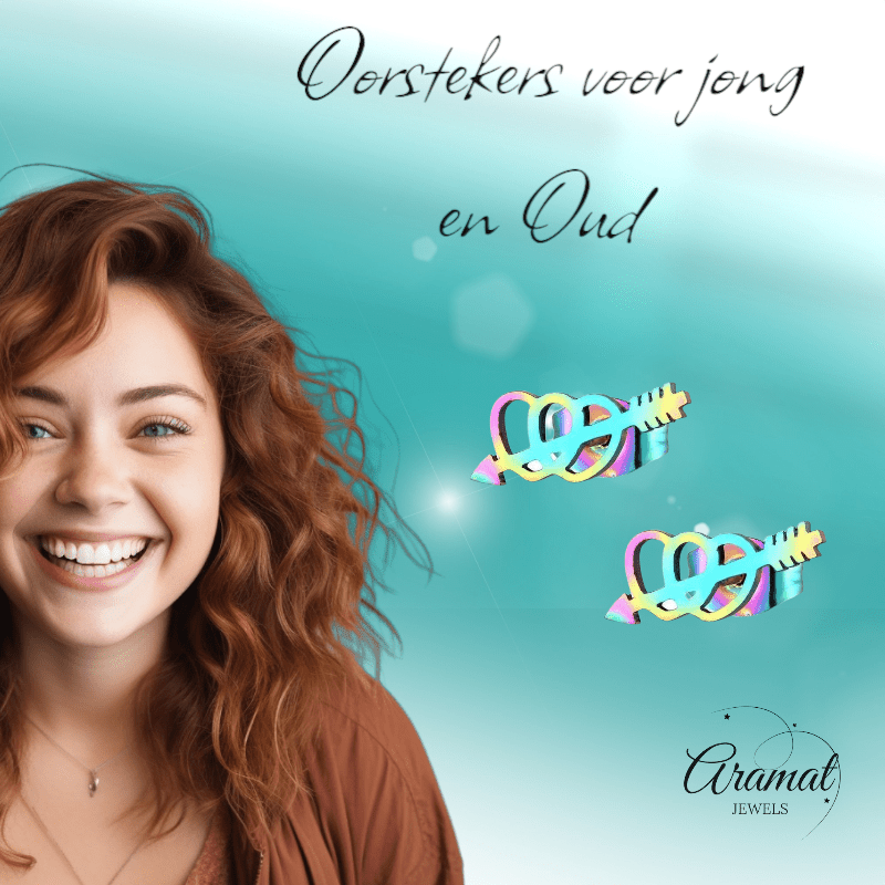 Dubbele regenboog hartjes oorstekers – 10x5mm RVS - Aramat Jewels - Oorbellen - cadeautip